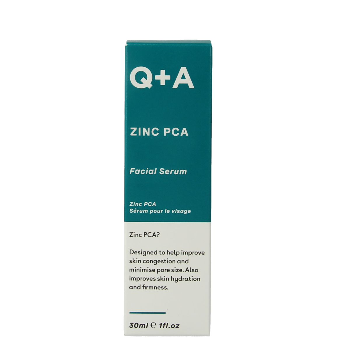 Q+A Zinc PCA facial serum 30ml bottle, skincare product for blemish control and skin clarity, with dropper applicator.