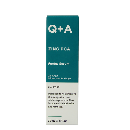 Q+A Zinc PCA facial serum 30ml bottle, skincare product for blemish control and skin clarity, with dropper applicator.