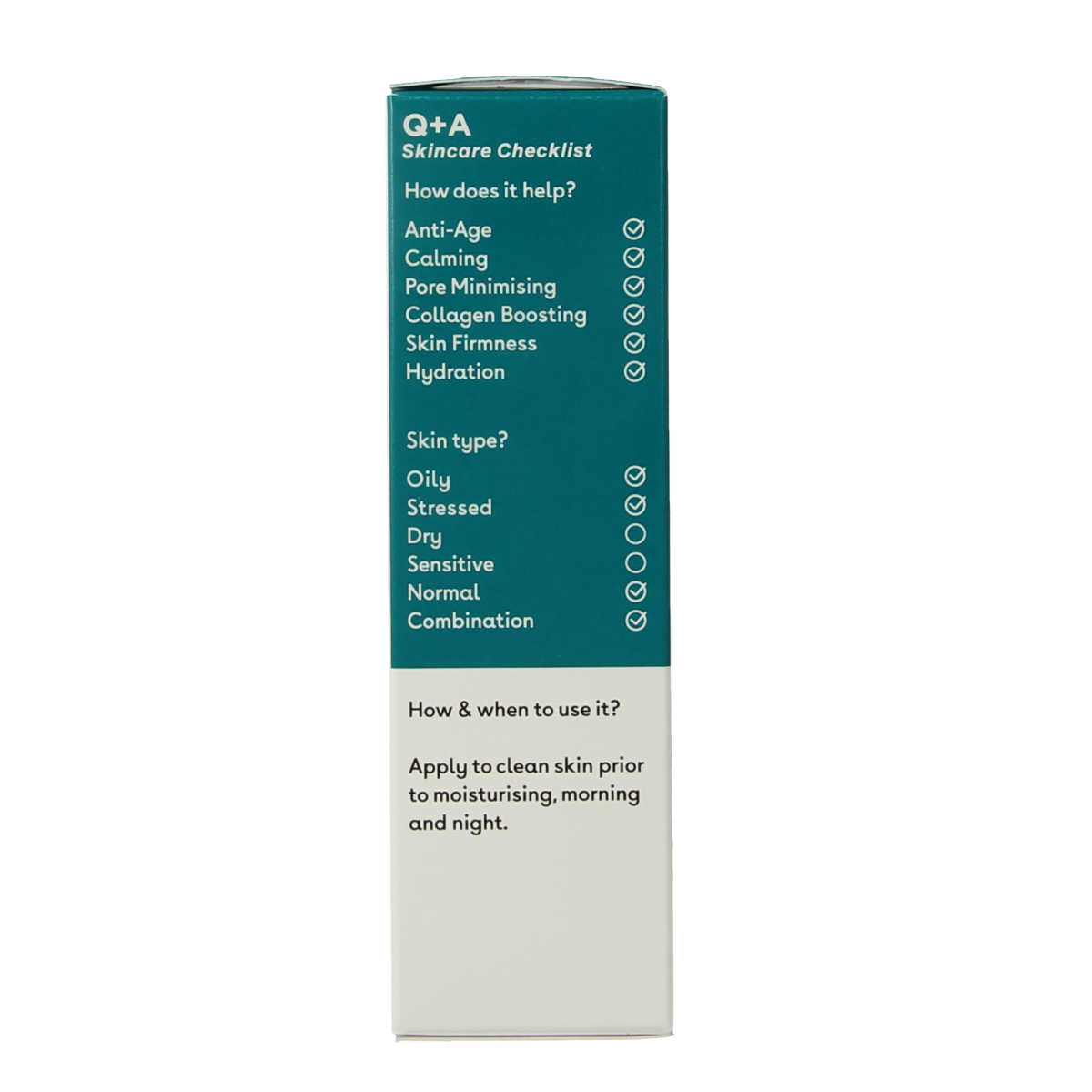 Q+A Zinc PCA facial serum bottle, 30ml, for skincare, with a sleek design and clear labeling, on a white background.