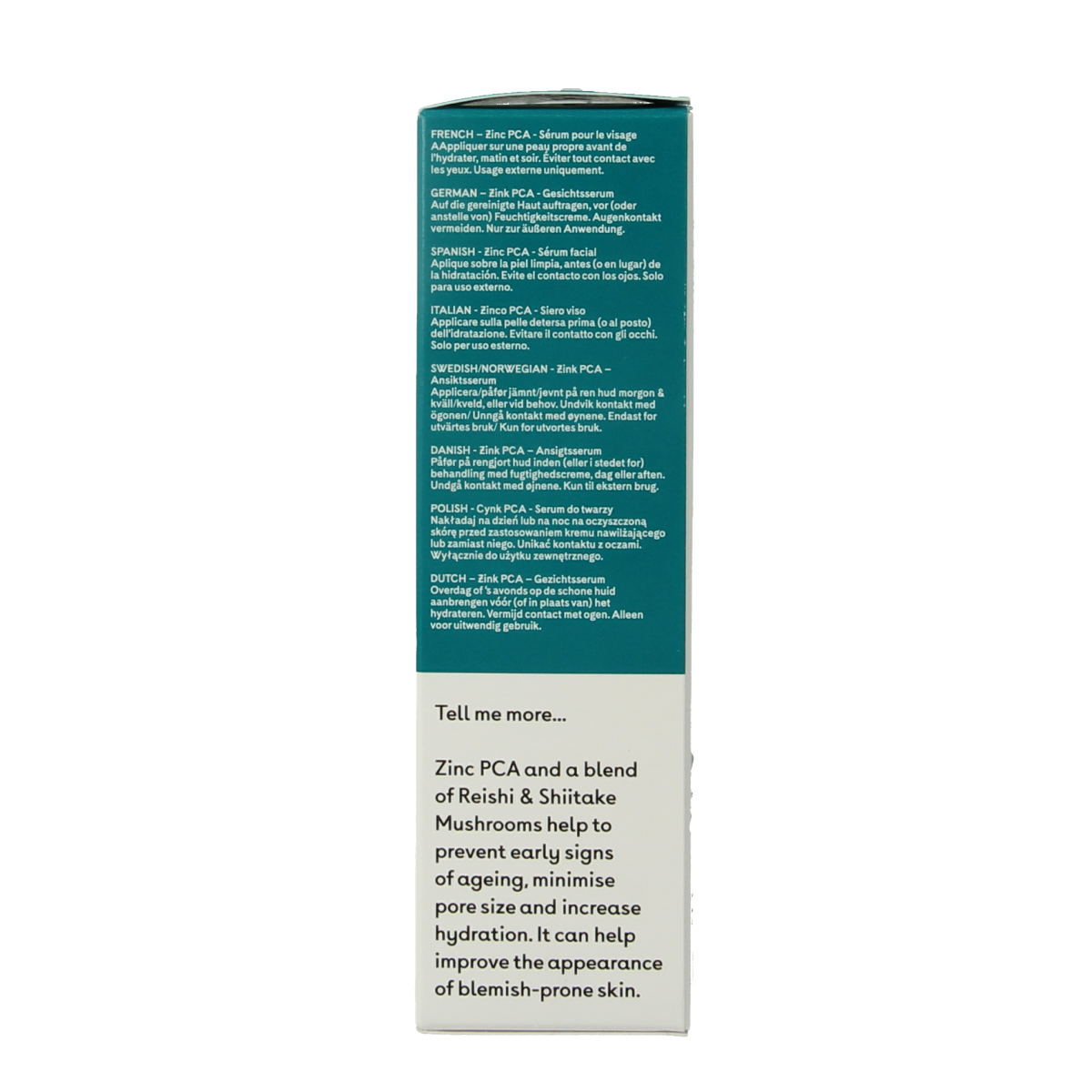Q+A Zinc PCA facial serum 30ml bottle, skincare product with dropper for clear, balanced skin and oil control.