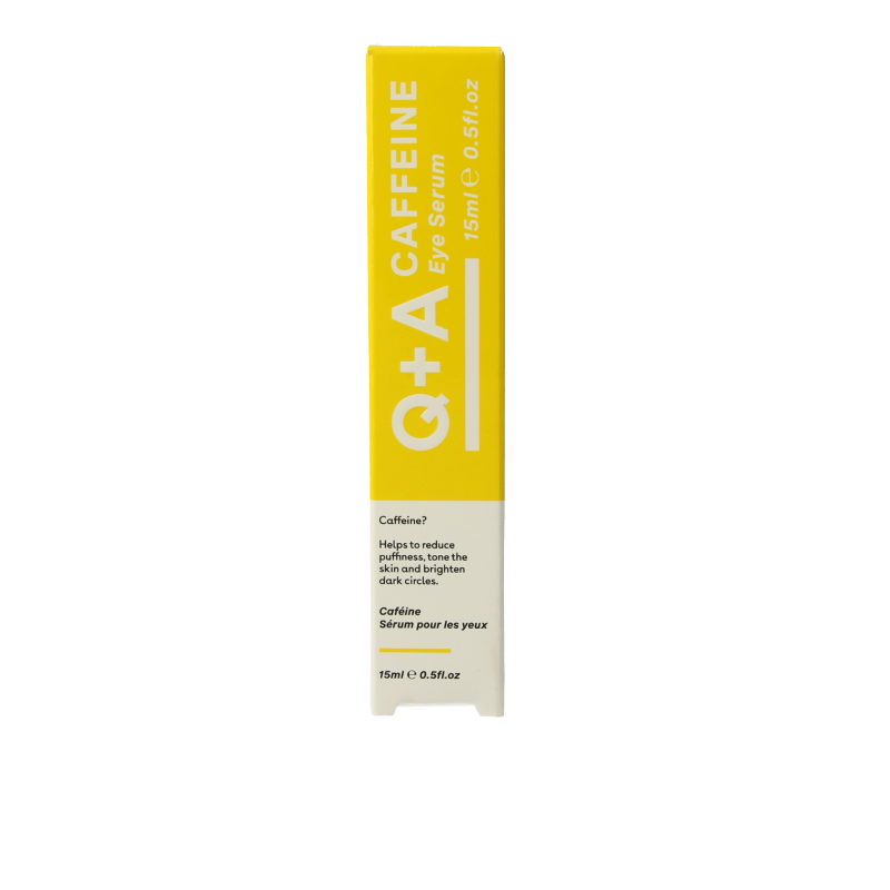 Q+A Caffeine eye serum in 15ml bottle, eye care product with applicator tip, designed to reduce puffiness and dark circles.