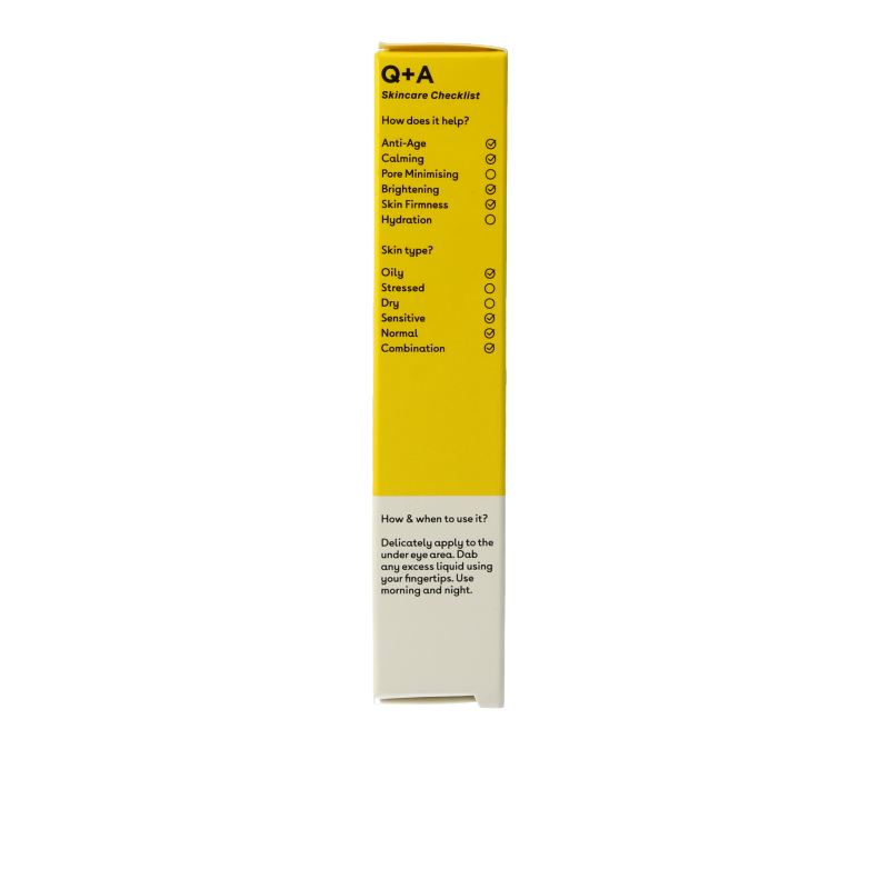 Q+A Caffeine eye serum in 15ml bottle, eye care product with a sleek design, designed to reduce puffiness and dark circles.