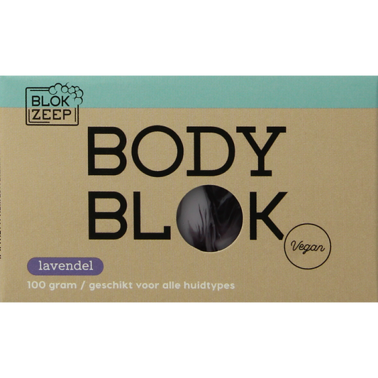 Blokzeep lavendel body bar for bath and shower, 100g, with lavender scent and natural soap appearance.