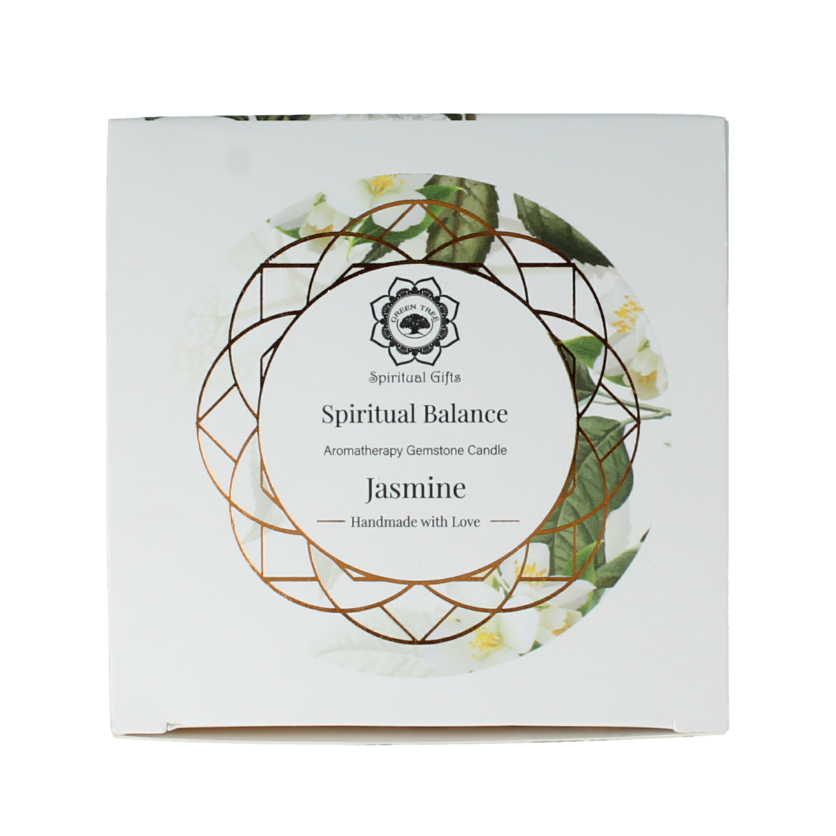 Green Tree spiritueel balans geurkaars met edelsteen en jasmijn, 70g, in groene kleur, ideal voor ontspanning en meditatie.