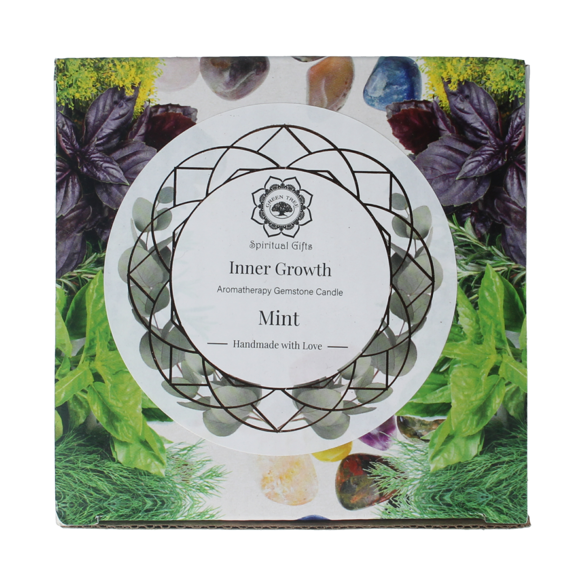 Green Tree gemstone candle in vibrant green with inner growth mint, weighing 256 grams, featuring a decorative gemstone design.