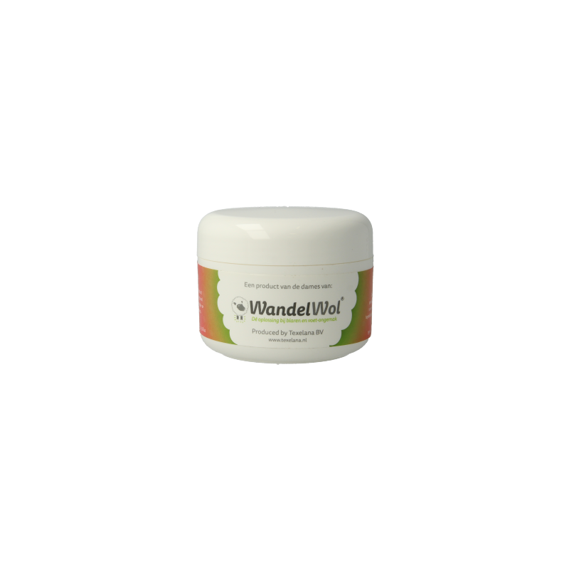 Wandelwol Zuivere Lanoline 80g for foot care, showing a jar of pure lanoline cream with a lid and label.