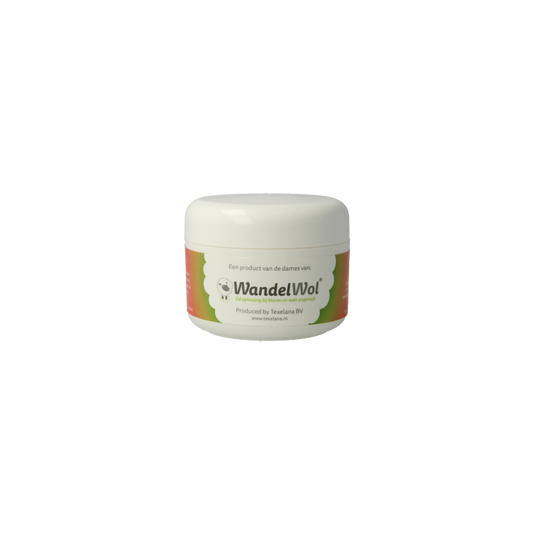Wandelwol Zuivere Lanoline 80g for foot care, showing a jar of pure lanoline cream with a lid and label.