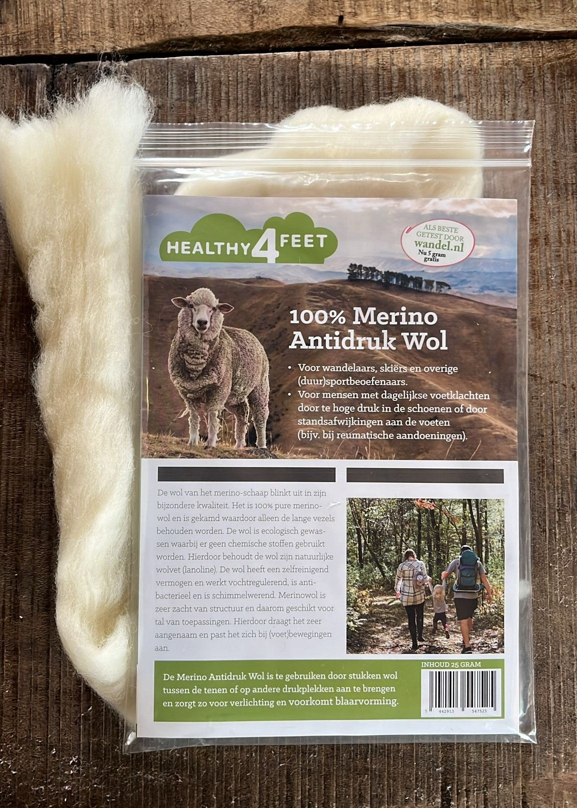 Healthy4Feet Wandel 100% Merino antidruk wool foot care product, showing soft, natural Merino wool for foot comfort and protection.