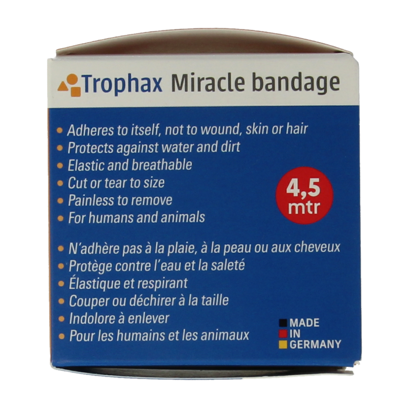 Blue ABC Wonderverband quick bandage, 4.5m x 5cm, for wound care, shown rolled out on a surface.