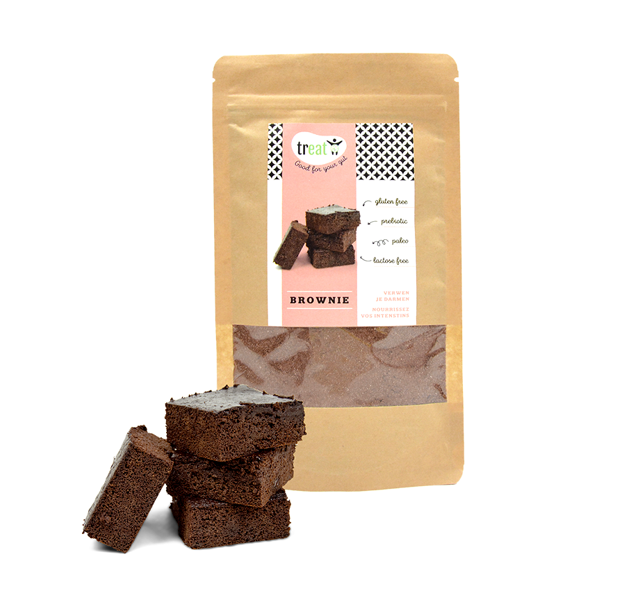 Treat gluten-free brownie mix in a 145g package, shown in a bright, colorful bag with baking ingredients and a prepared brownie.