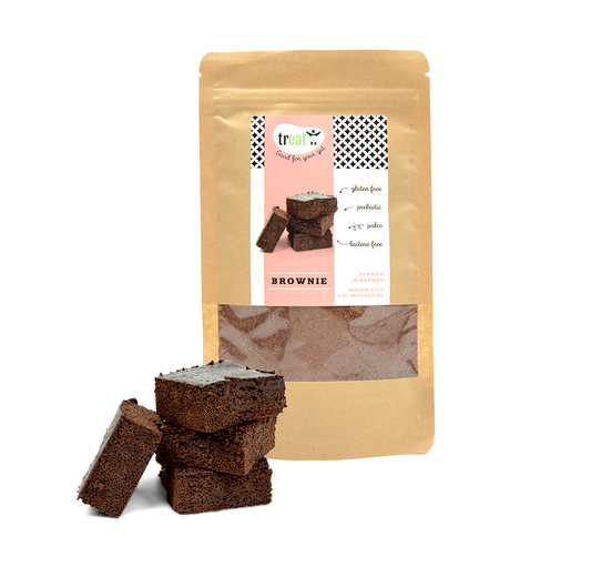 Treat gluten-free brownie mix in a 145g package, shown in a bright, colorful bag with baking ingredients and a prepared brownie.