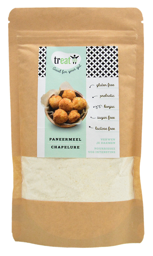 Glutenvrije Treat Paneermeel bakmixen en melen in 200g package, showing the product label and packaging details.