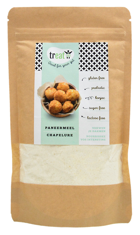 Glutenvrije Treat Paneermeel bakmixen en melen in 200g package, showing the product label and packaging details.