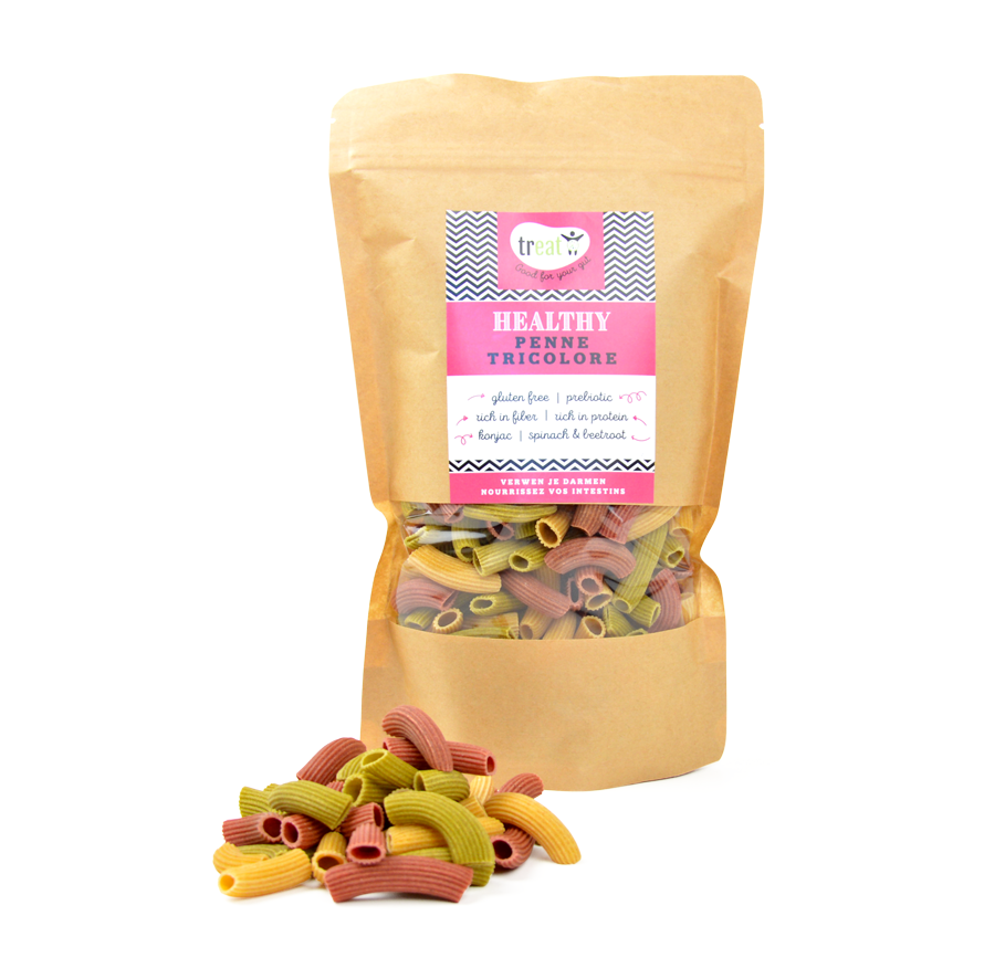 Treat Penne tricolore gluten-free pasta in 250g package, colorful Italian pasta with green, red, and yellow pasta shapes.