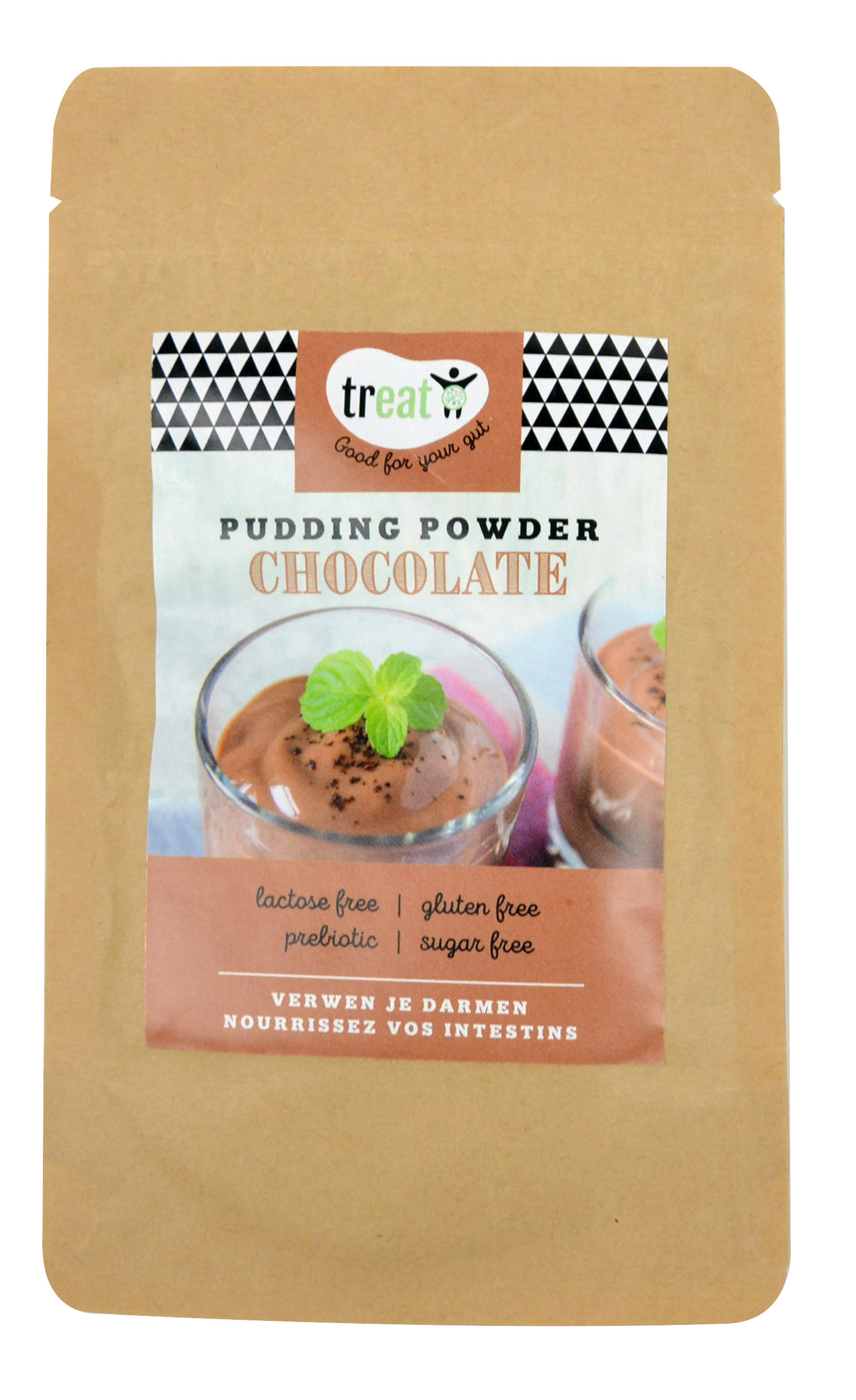 Treat chocolade pudding poeder glutenvrij, 30g, gluten-free dessert mix in a yellow packaging with chocolate imagery.