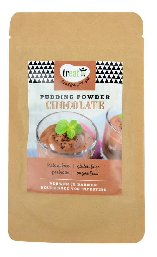 Treat chocolade pudding poeder glutenvrij, 30g, gluten-free dessert mix in a yellow packaging with chocolate imagery.