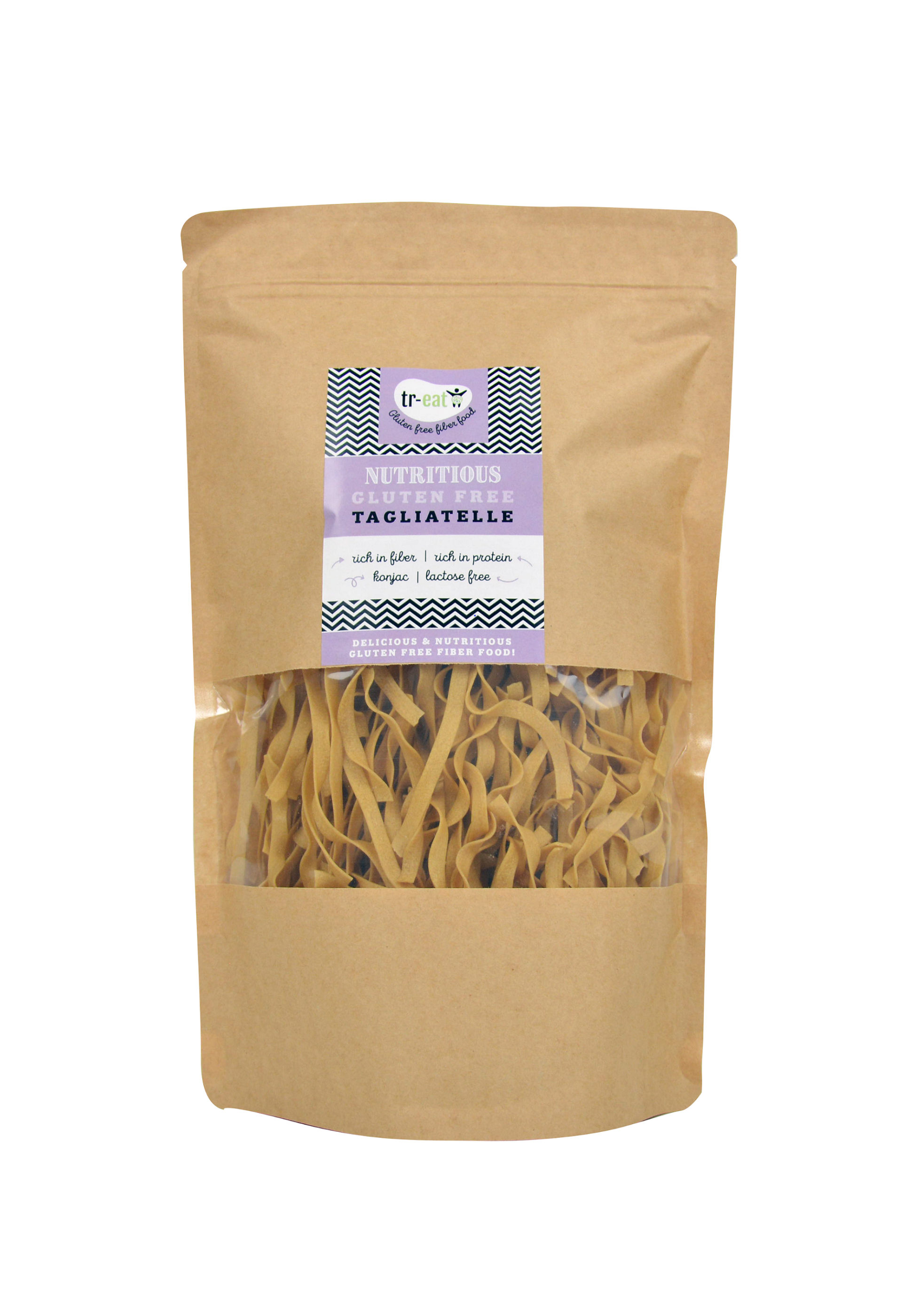 Treat gluten-free Tagliatelle pasta 250g package, showing dried pasta strands in a clear bag with branding and product label.