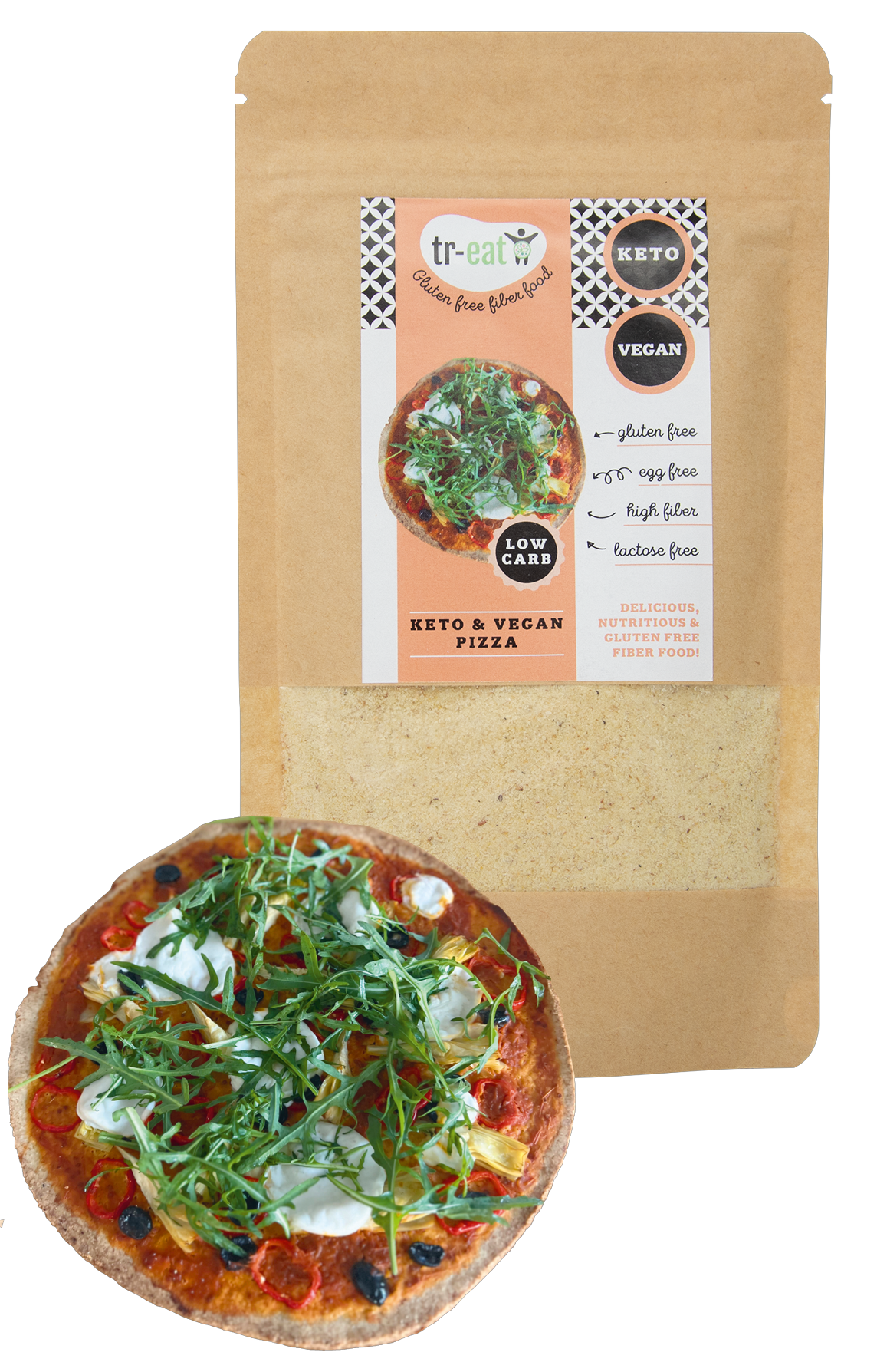 Treat keto and vegan gluten-free pizza baking mix in a 155g package, with the product packaging and ingredients visible.