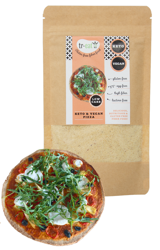 Treat keto and vegan gluten-free pizza baking mix in a 155g package, with the product packaging and ingredients visible.