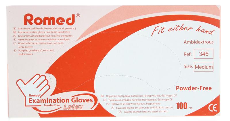 Romed latex medical gloves, non-sterile, powder-free, size M, 100 gloves for protective medical use.