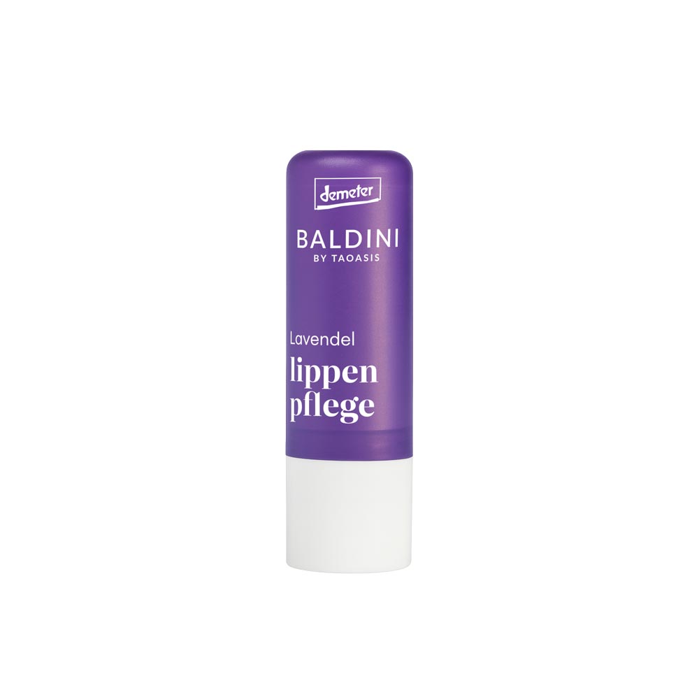 Baldini Lavendel lippenbalsem met sheabutter in 4.80g container, featuring lavender scent and natural lip verzorging.