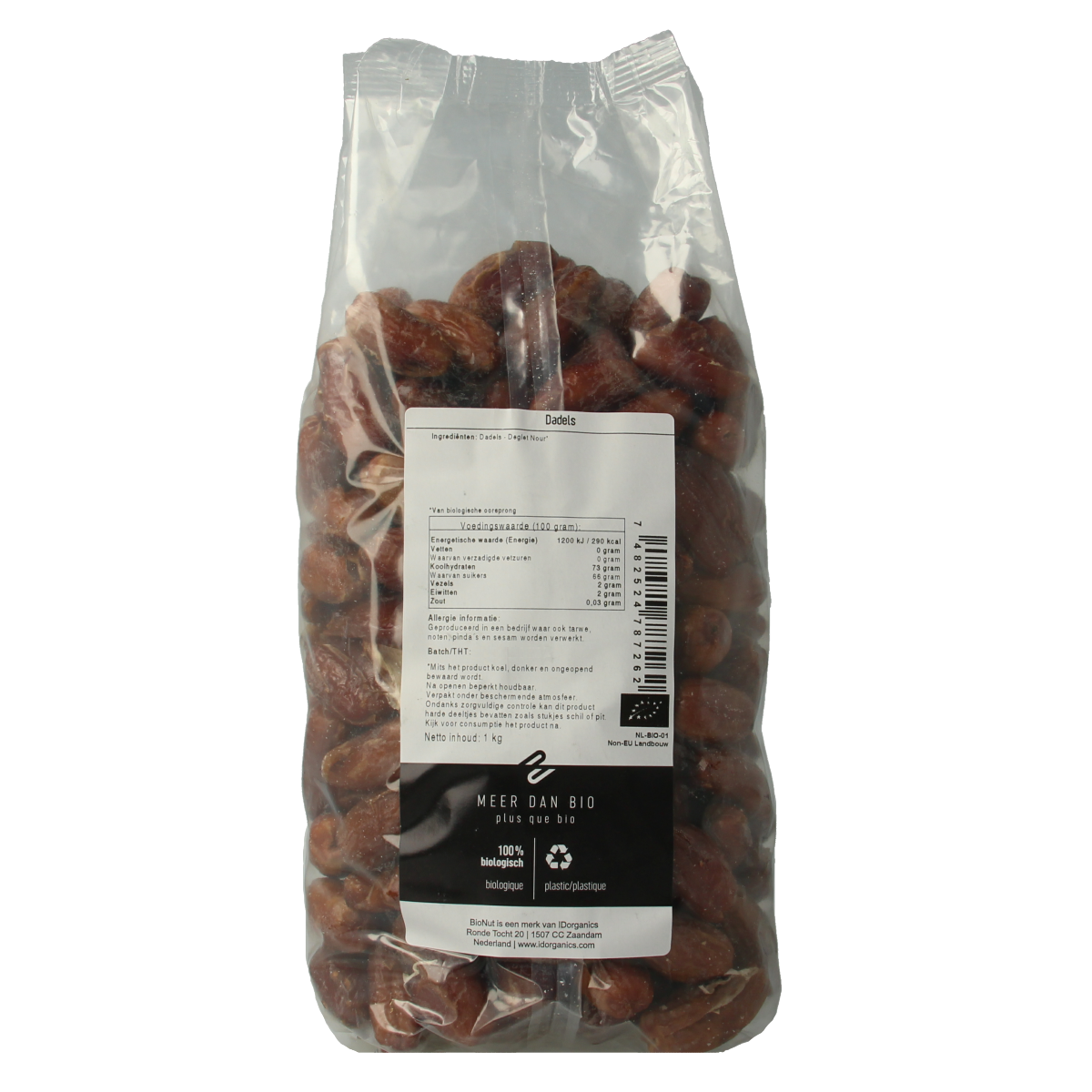 Bionut Deglet Nour Medjool dates in 1kg package, organic dried fruit with rich, sweet flavor, displayed in a clear bag.