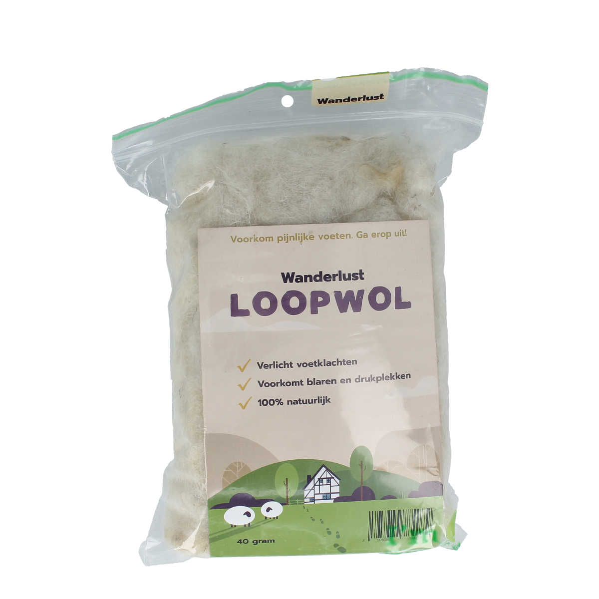 Wanderlust Loopwol voetverzorging product in 40g packaging, natural fiber for foot care, with the Wanderlust brand label visible.
