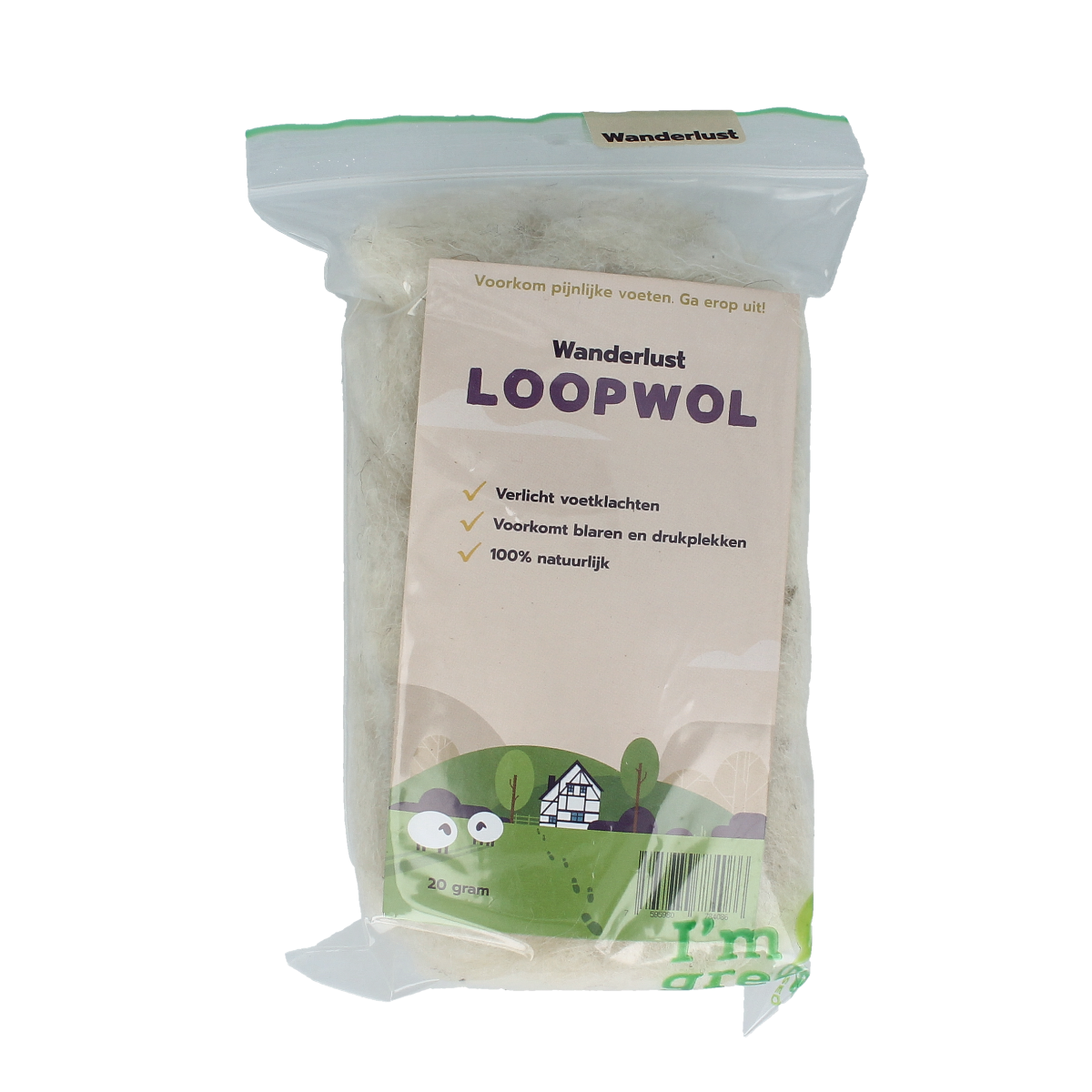 Wanderlust Loopwol 20g foot care product with natural fiber, displayed in a clear container, suitable for foot skincare routines.