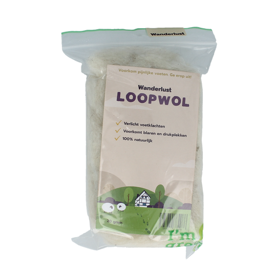 Wanderlust Loopwol 20g foot care product with natural fiber, displayed in a clear container, suitable for foot skincare routines.