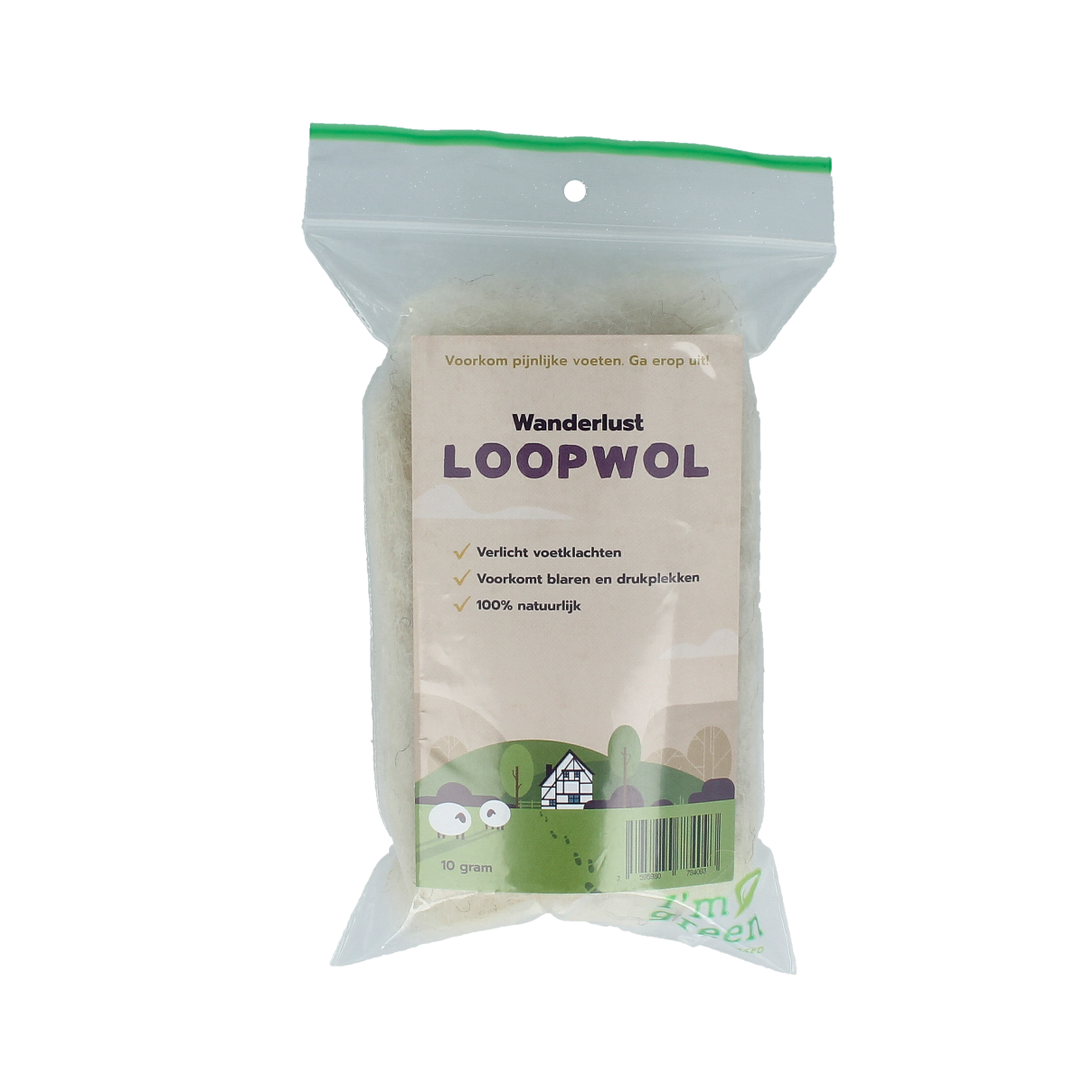 Wanderlust Voetverzorging Wanderlust Loopwol 10g, natural foot care product with soft, breathable fibers for foot comfort and hygiene.