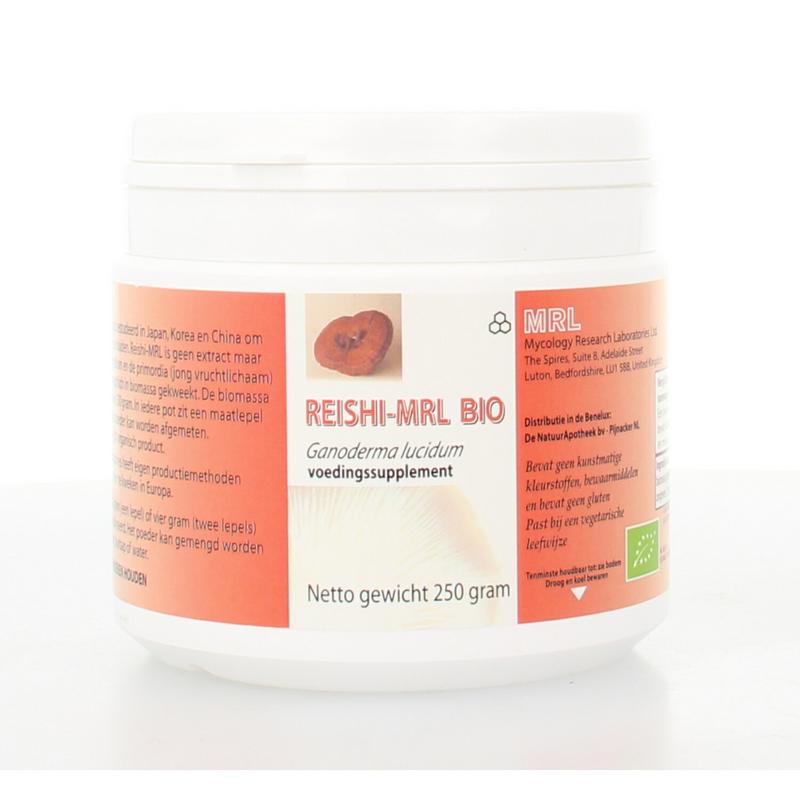 Organic MRL Reishi powder in a 250g package, featuring dried Reishi mushroom slices and powder for herbal supplement use.