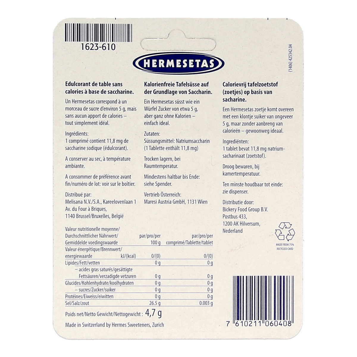 Hermesetas Zoetjes sugar substitutes tablets in a container, part of the sweeteners and sugar alternatives product line.