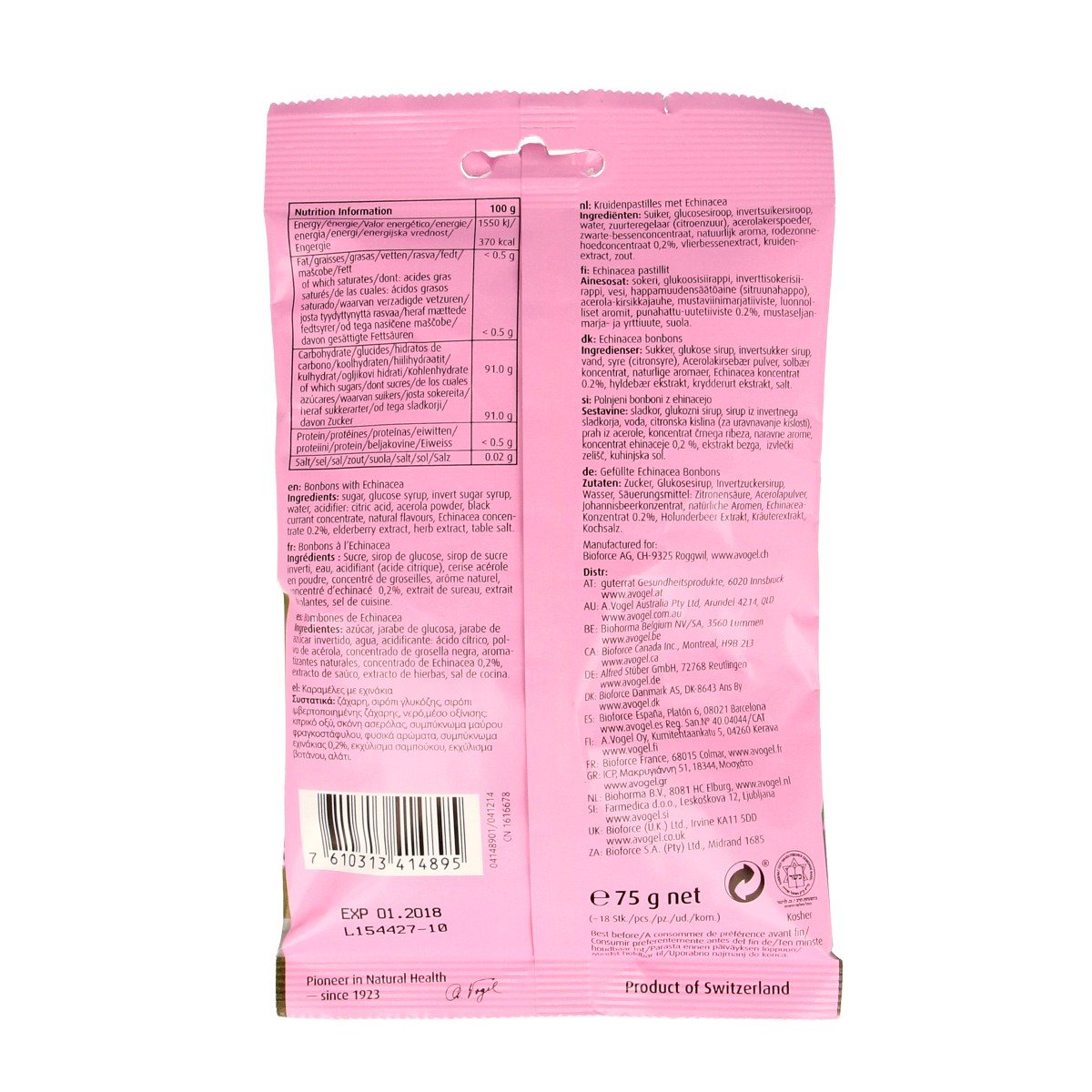 A Vogel Echina C kruidenbonbons in a clear bag, showcasing herbal lozenges with colorful packaging and fresh herbs inside.