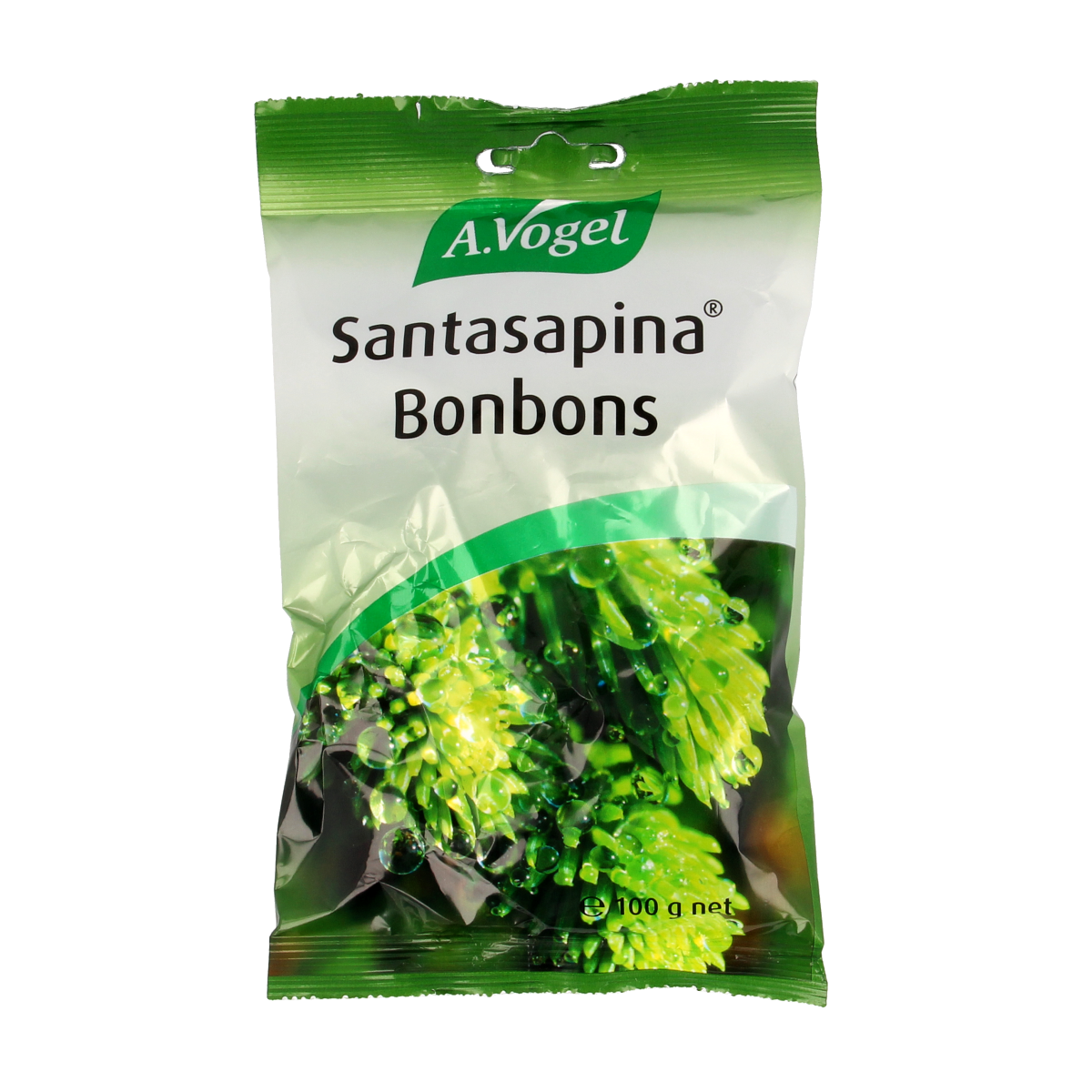A Vogel Santasapina pastilles in a clear container, showing round herbal throat lozenges from the A Vogel snoepgoed collection.