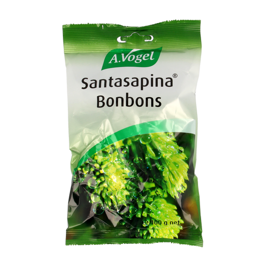 A Vogel Santasapina pastilles in a clear container, showing round herbal throat lozenges from the A Vogel snoepgoed collection.
