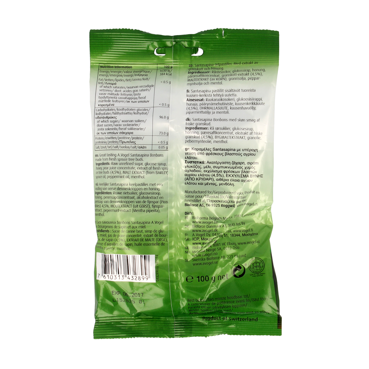 A Vogel Santasapina pastilles in a 100g package, sweet herbal candy from A Vogel, shown in a clear image.
