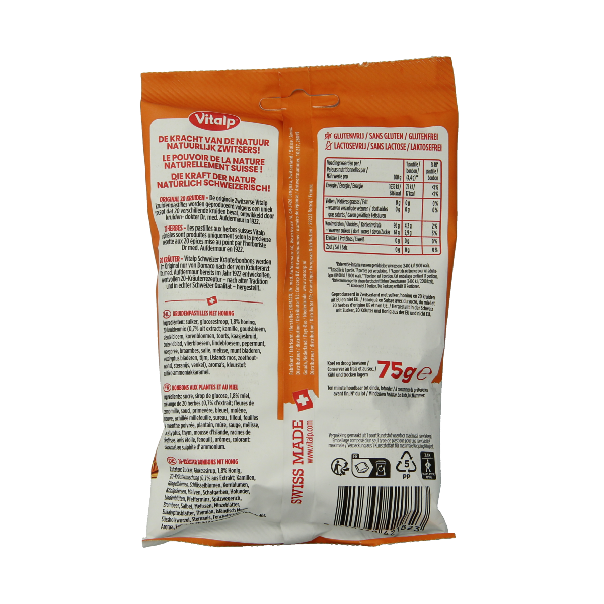 Vitalp 20 Kruiden en honing snoepgoed in 75g package, featuring herbal and honey flavors with colorful candies visible.