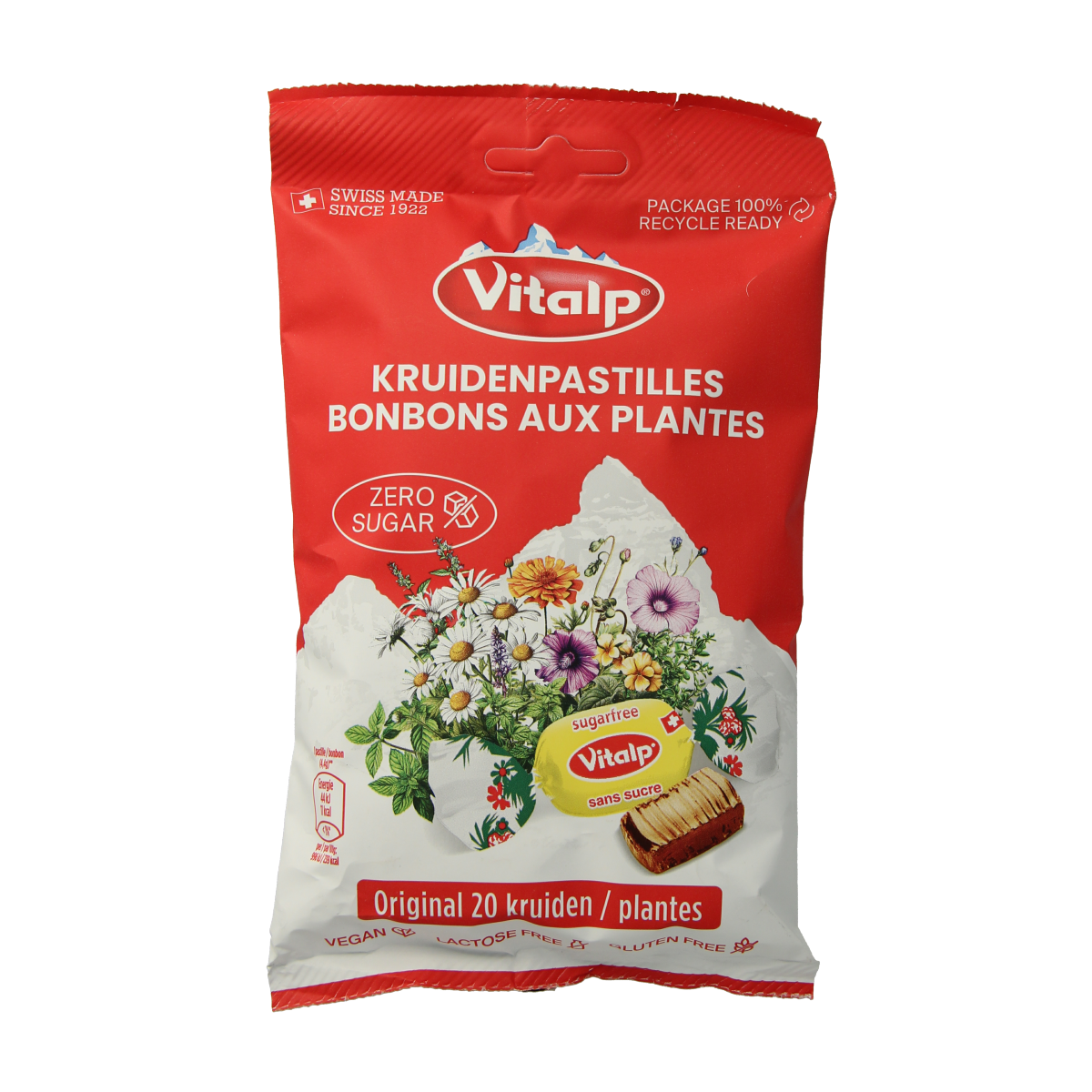 Vitalp 20 Kruiden suikervrij candy in a 75g package, featuring herbal ingredients and colorful packaging.