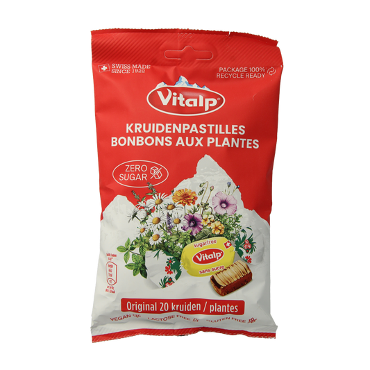 Vitalp 20 Kruiden suikervrij candy in a 75g package, featuring herbal ingredients and colorful packaging.