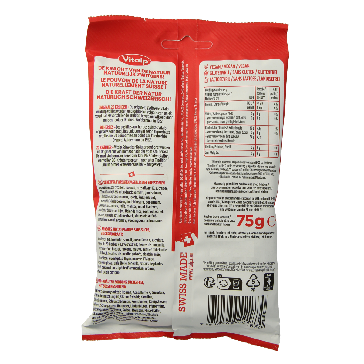 Vitalp 20 Kruiden suikervrij snoepgoed in 75g packaging, featuring herbal candies with natural ingredients and vibrant packaging.