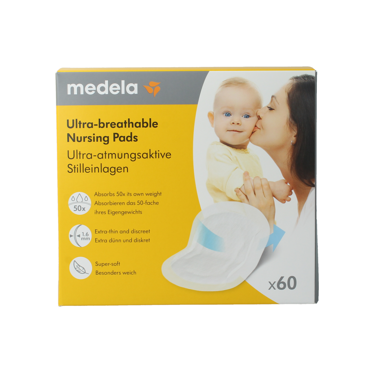 Medela Zoogcompressen ultradun ademend moeder en kind product, 60 stuks, dicht en absorberend voor borstvoeding.