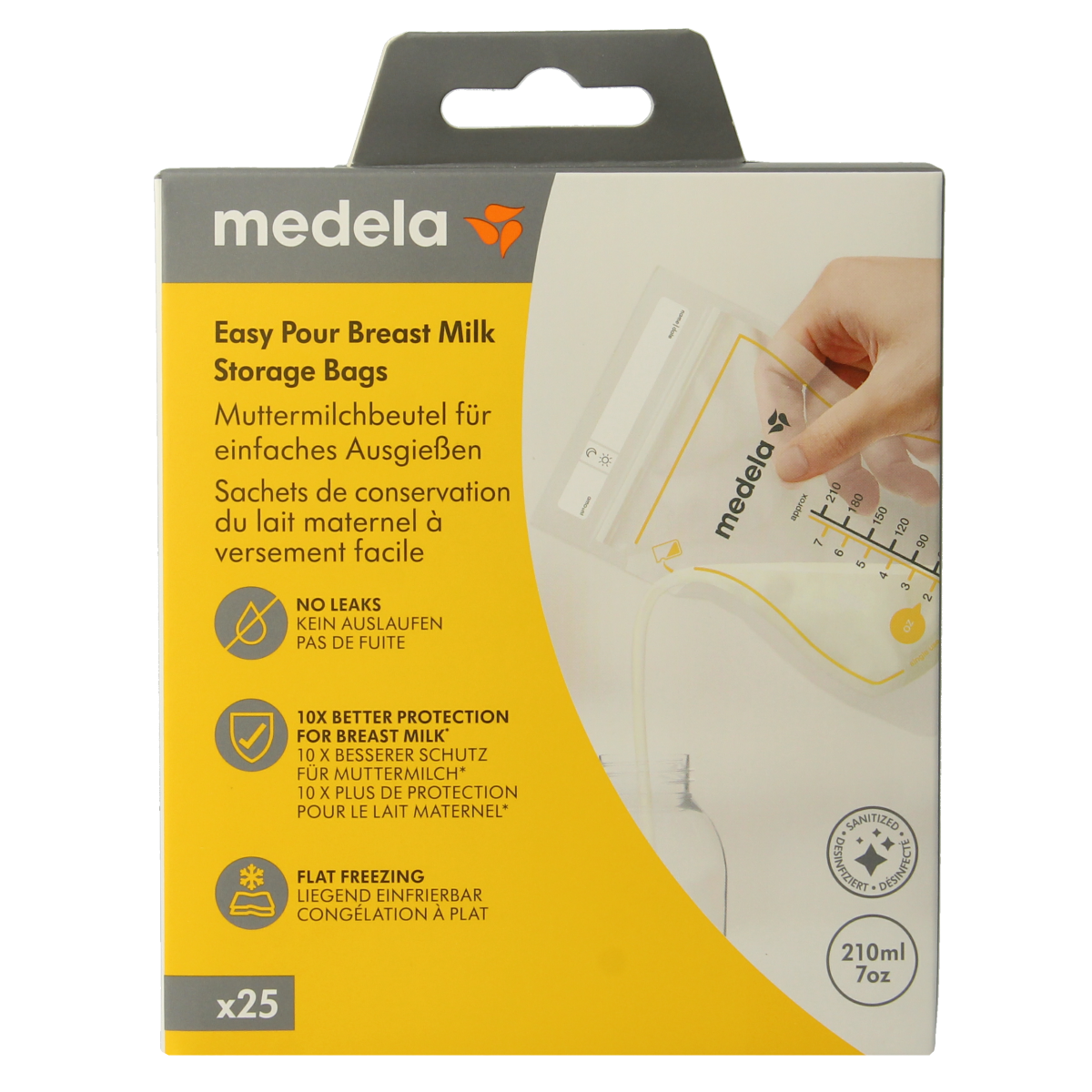 Medela Moedermelk bewaarzakjes 210ml, set of 25 for storing breast milk, with a clear, resealable design.
