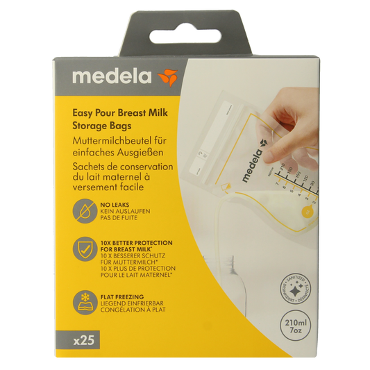Medela Moedermelk bewaarzakjes 210ml, set of 25 for storing breast milk, with a clear, resealable design.