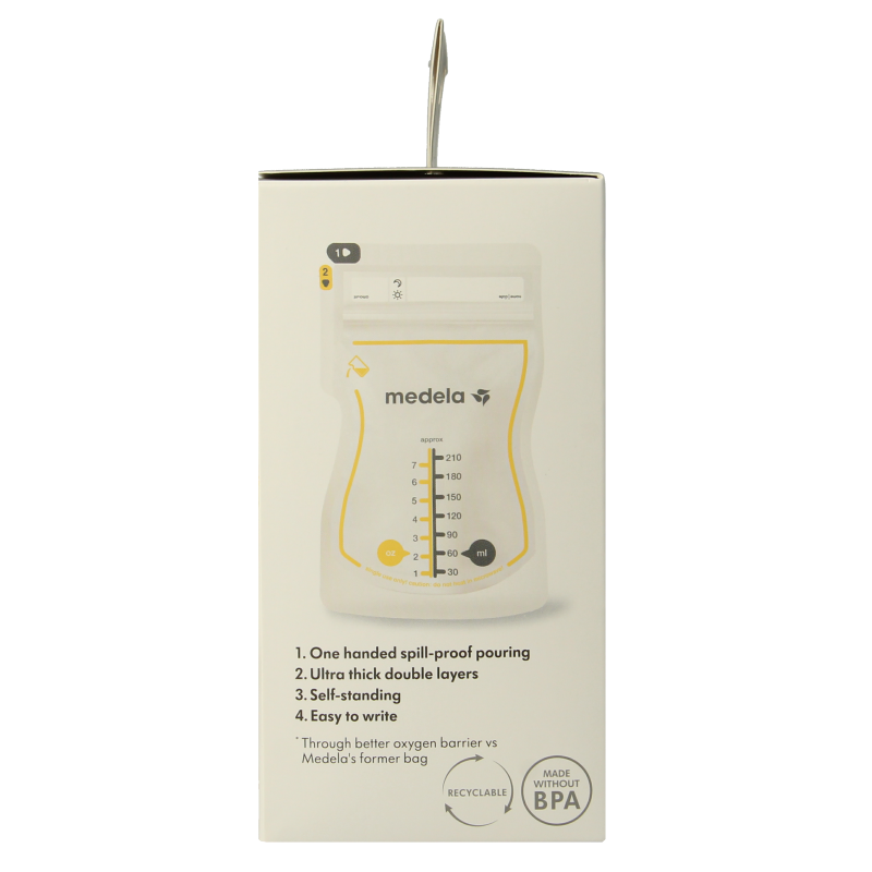 Medela Moedermelk bewaarzakjes 210ml, 50-pack, for storing breast milk, featuring clear design and secure sealing.