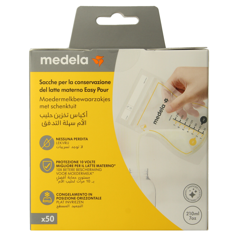 Medela Moedermelk bewaarzakjes, 210ml, 50-pack, for storing expressed breast milk, featuring clear measurement markings.