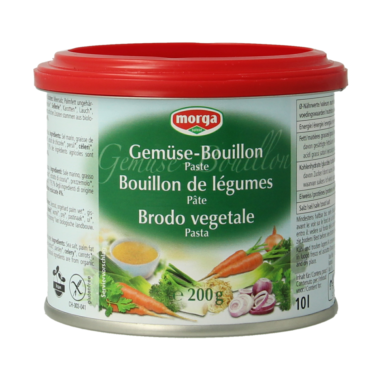 Morga Groentebouillon paste in 200g jar, featuring fresh vegetables and herbs for flavorful soups and broths.
