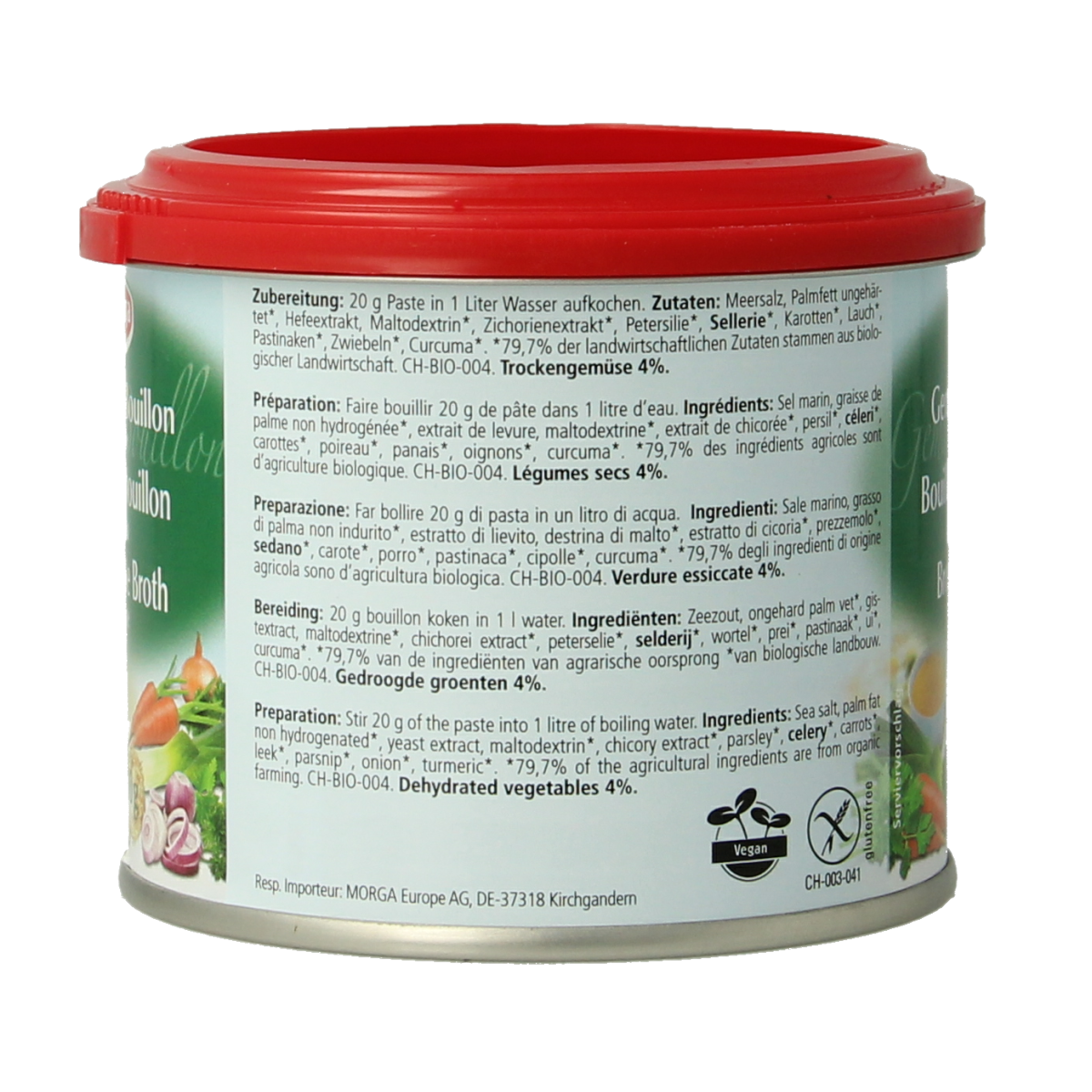 Morga Groentebouillon pasteus in 200g jar, a vegetable bouillon for soups and cooking, with a label showing the brand and product details.