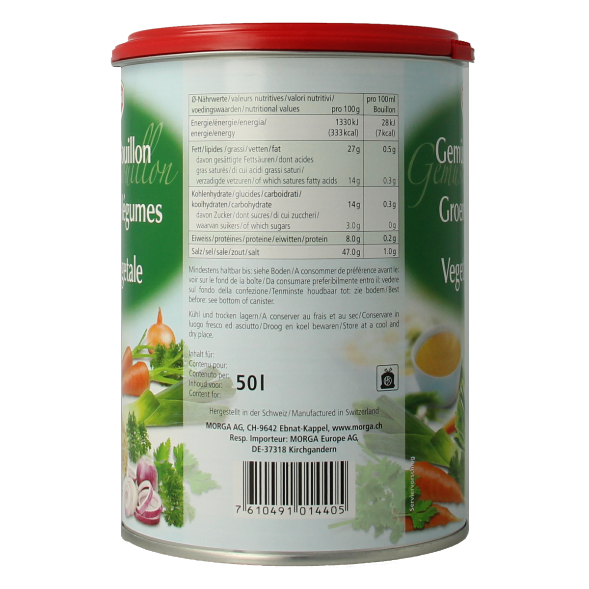 Morga Groentebouillon pasta, 1kg, herbal seasoning and meal mix with dried vegetables and spices in a clear bag.