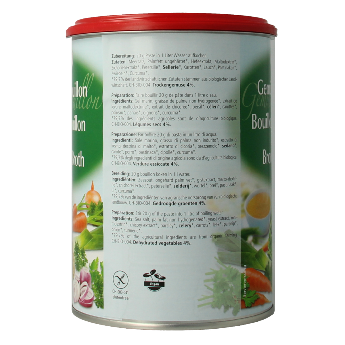 Morga Groentebouillon pasta 1kg, herbal seasoning and meal mix, in a clear container with pasta and herbs visible.
