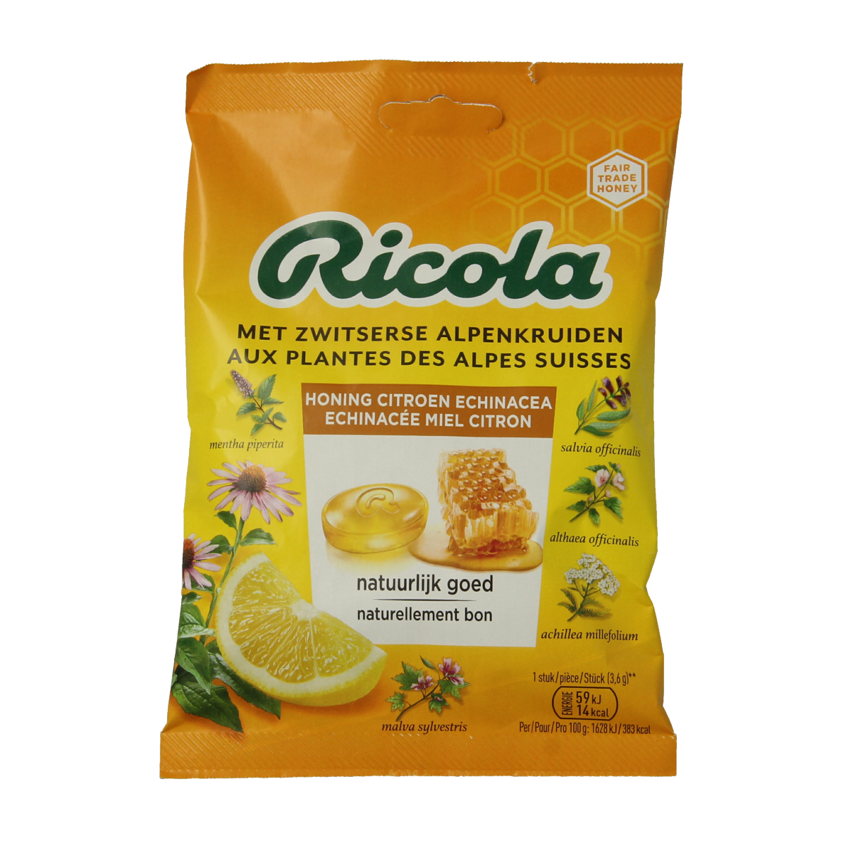 Ricola honey lemon echinacea lozenges in a 75g package, showcasing the candy pieces with lemon and honey flavors and echinacea herbs.